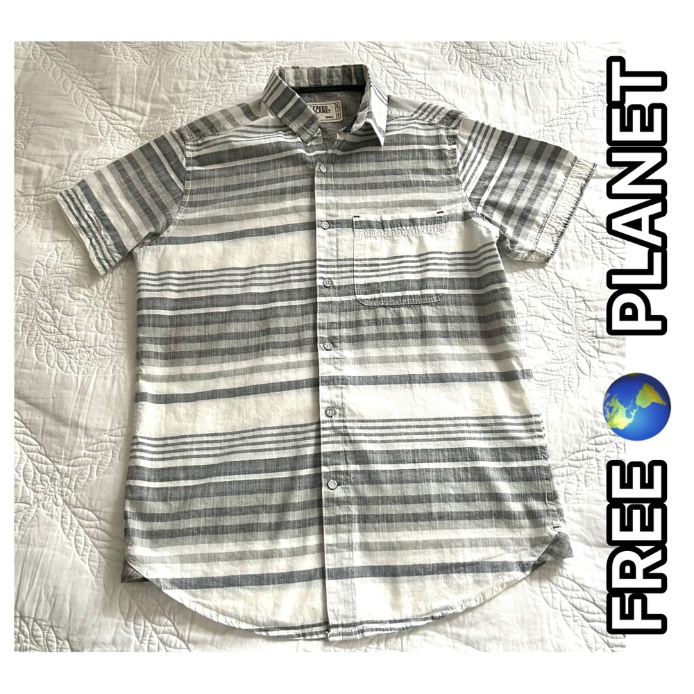 FREE PLANET 100% COTTON SOFT RELAXED STRIPED SHORT SLEEVE BUTTON UP SHIRT